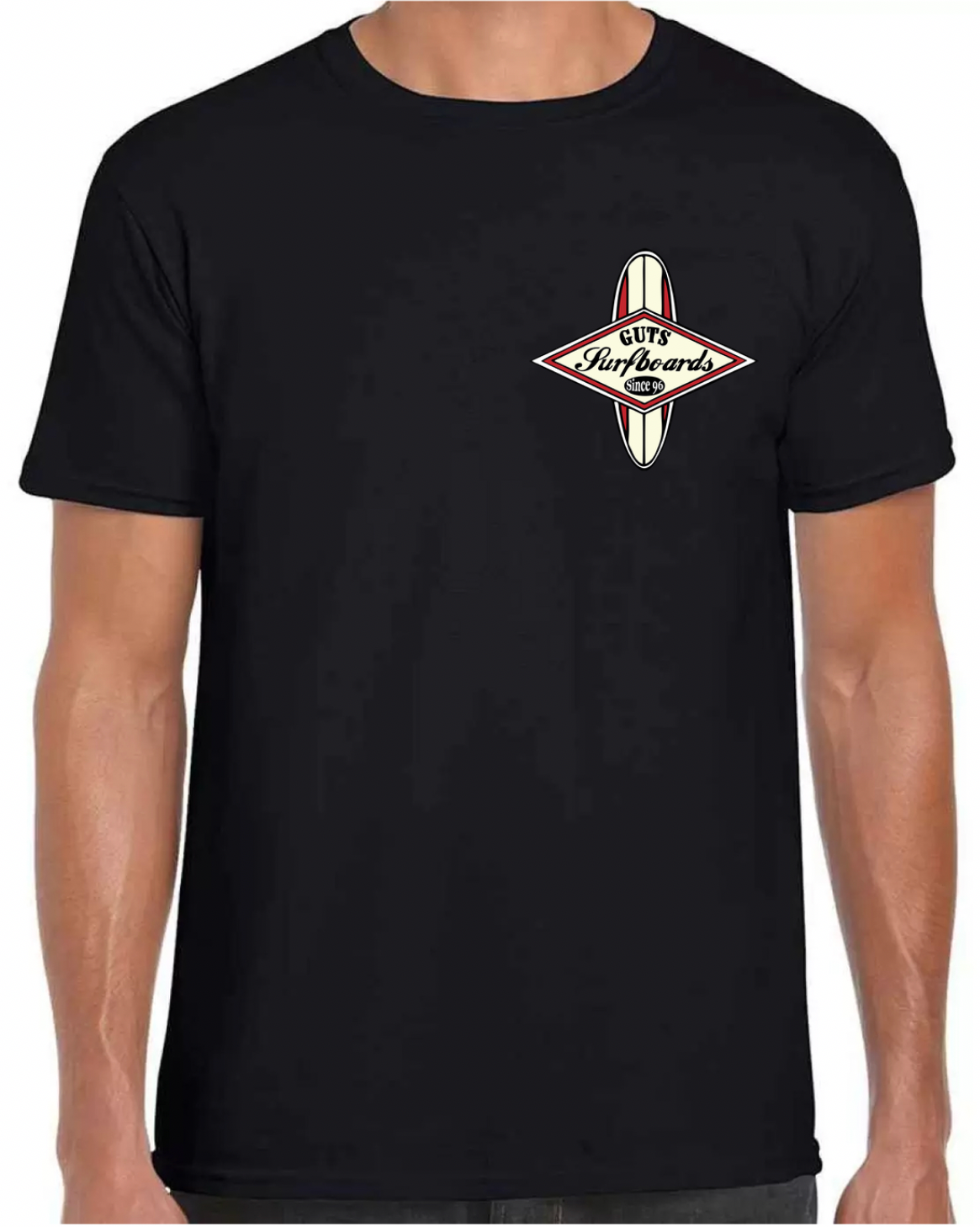 Black Guts T-shirt with red surfboard logo