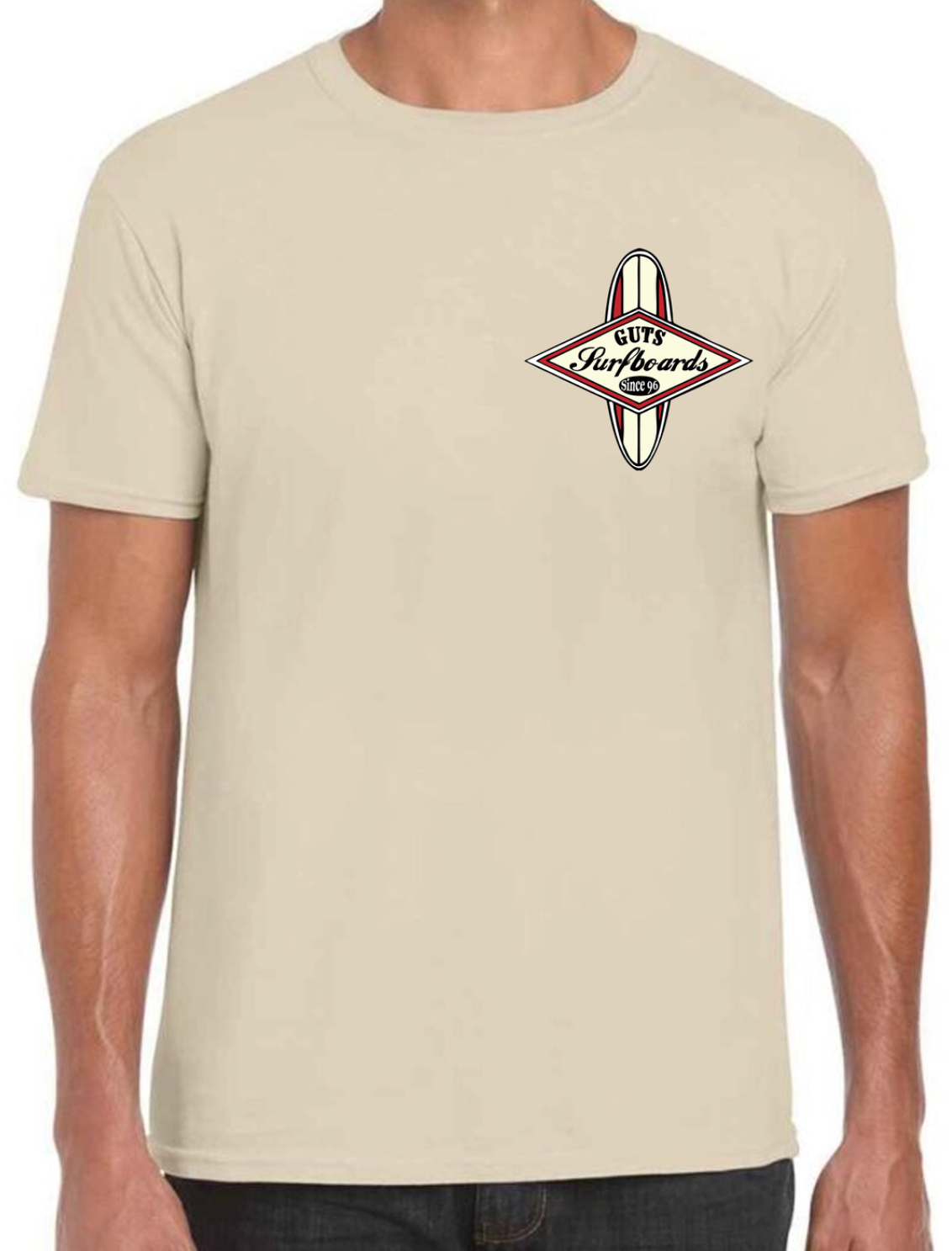 Beige Guts classic red surfboard logo T-shirt