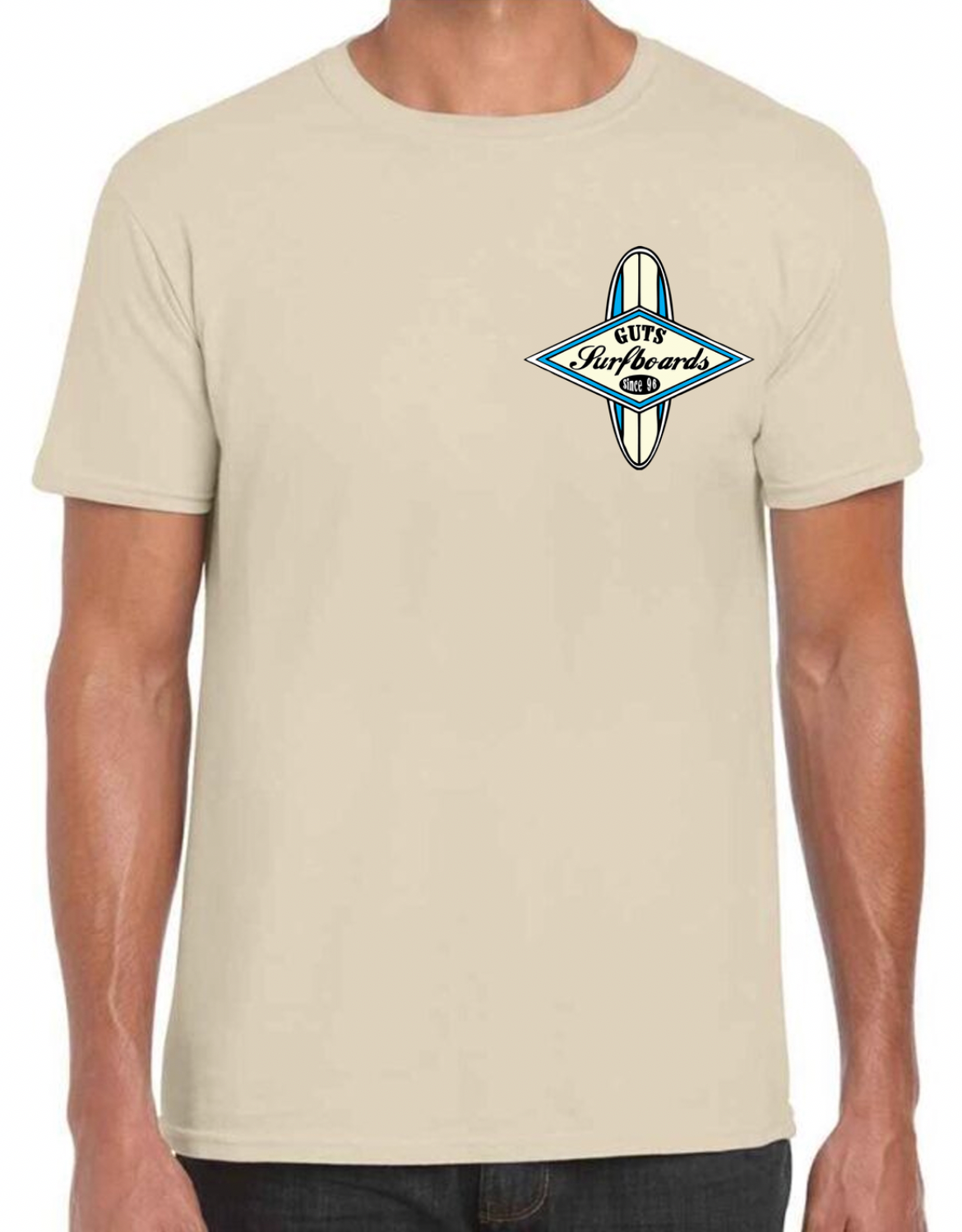 Beige Guts T-shirt with blue surfboard logo