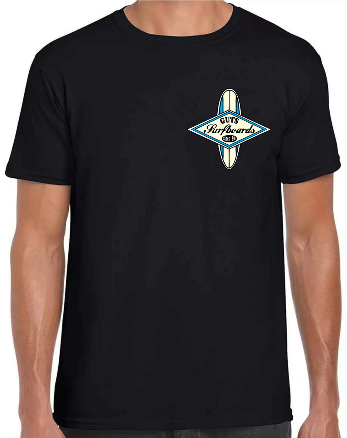 Black Guts T-shirt with blue surfboard logo