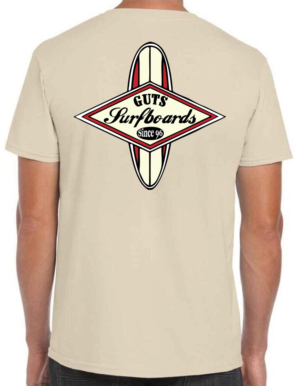 Beige Guts classic red surfboard logo T-shirt