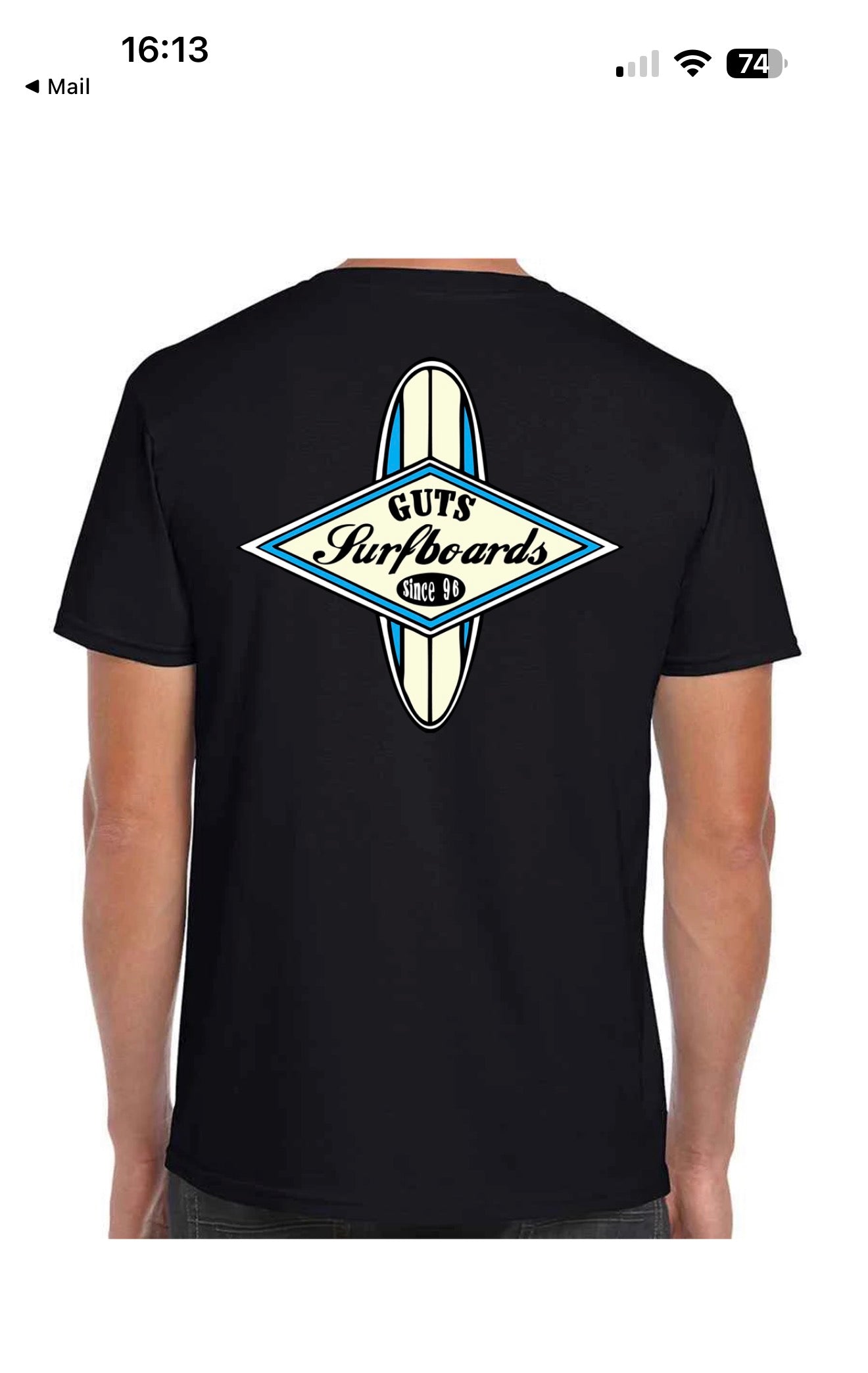 Black Guts T-shirt with blue surfboard logo